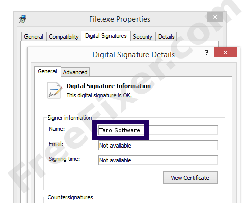Screenshot of the Taro Software certificate